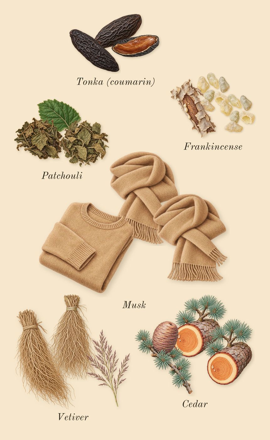 Honour Man, dry-down: Patchouli, Frankincense, Cedar, Vetiver, Tonka (coumarin), Musk
