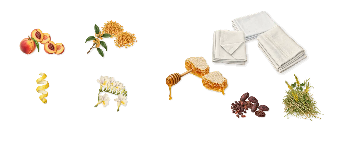 The Scent for Her’s scent picture, a draft: peach, osmanthus, white musk, honey-sweet peach, freesia, cacao drawn so far; dashed outlines where nothing is drawn yet