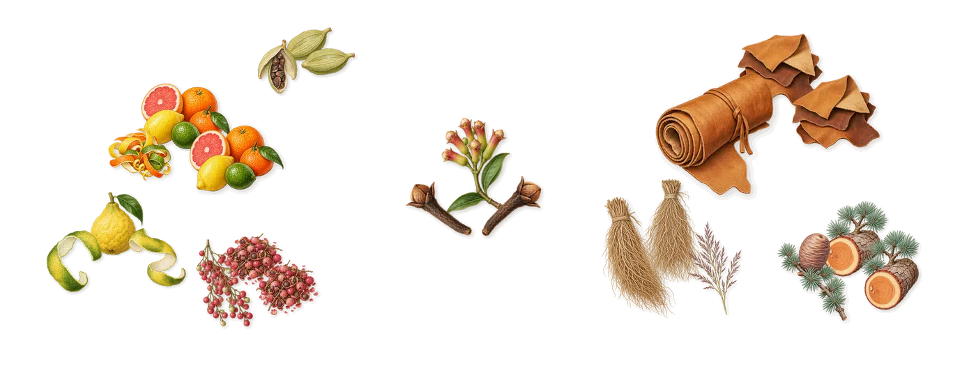 Cuir 404’s scent picture, a draft: citrus notes, clove, bergamot, cardamom, leather, pink pepper drawn so far; dashed outlines where nothing is drawn yet