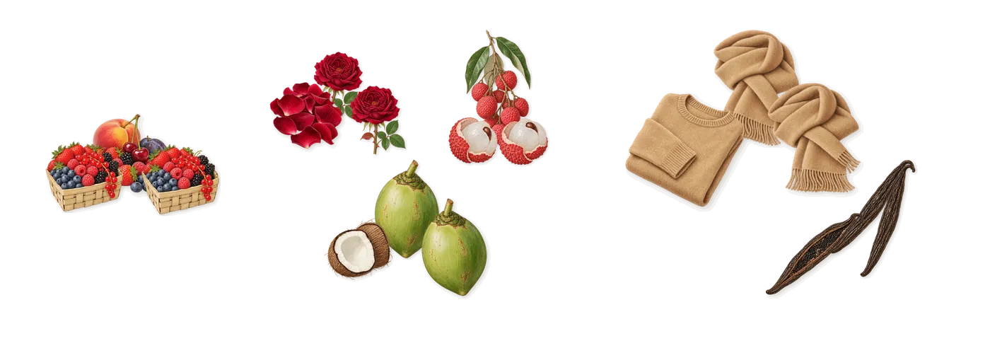 Manakara’s scent picture, a draft: rose, lychee, coconut, candied berry, vanilla, musk drawn so far; dashed outlines where nothing is drawn yet