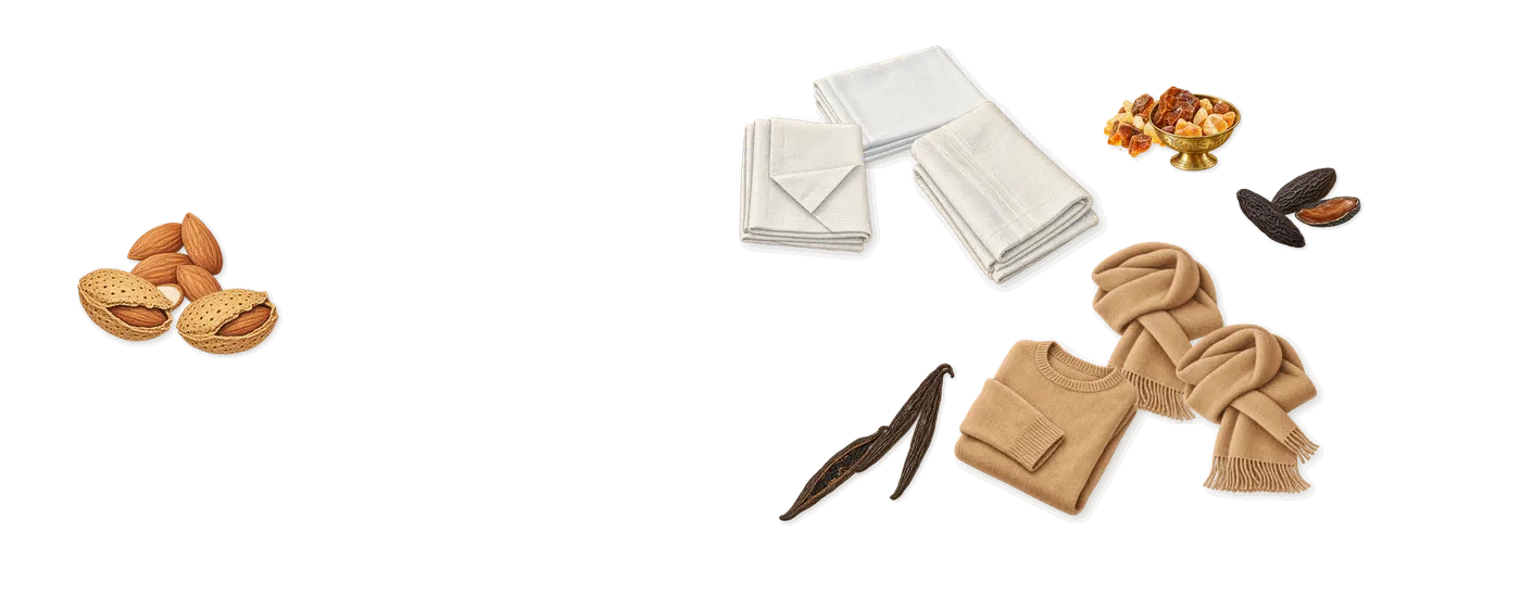 Tihota’s scent picture, a draft: vanilla, almond, tonka, white musk, amber, musk drawn so far; dashed outlines where nothing is drawn yet