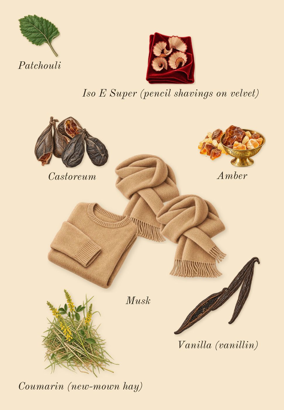 Absolute Aphrodisiac, dry-down: Amber, Vanilla (vanillin), Musk, Castoreum, Patchouli, Iso E Super (pencil shavings on velvet), Coumarin (new-mown hay)