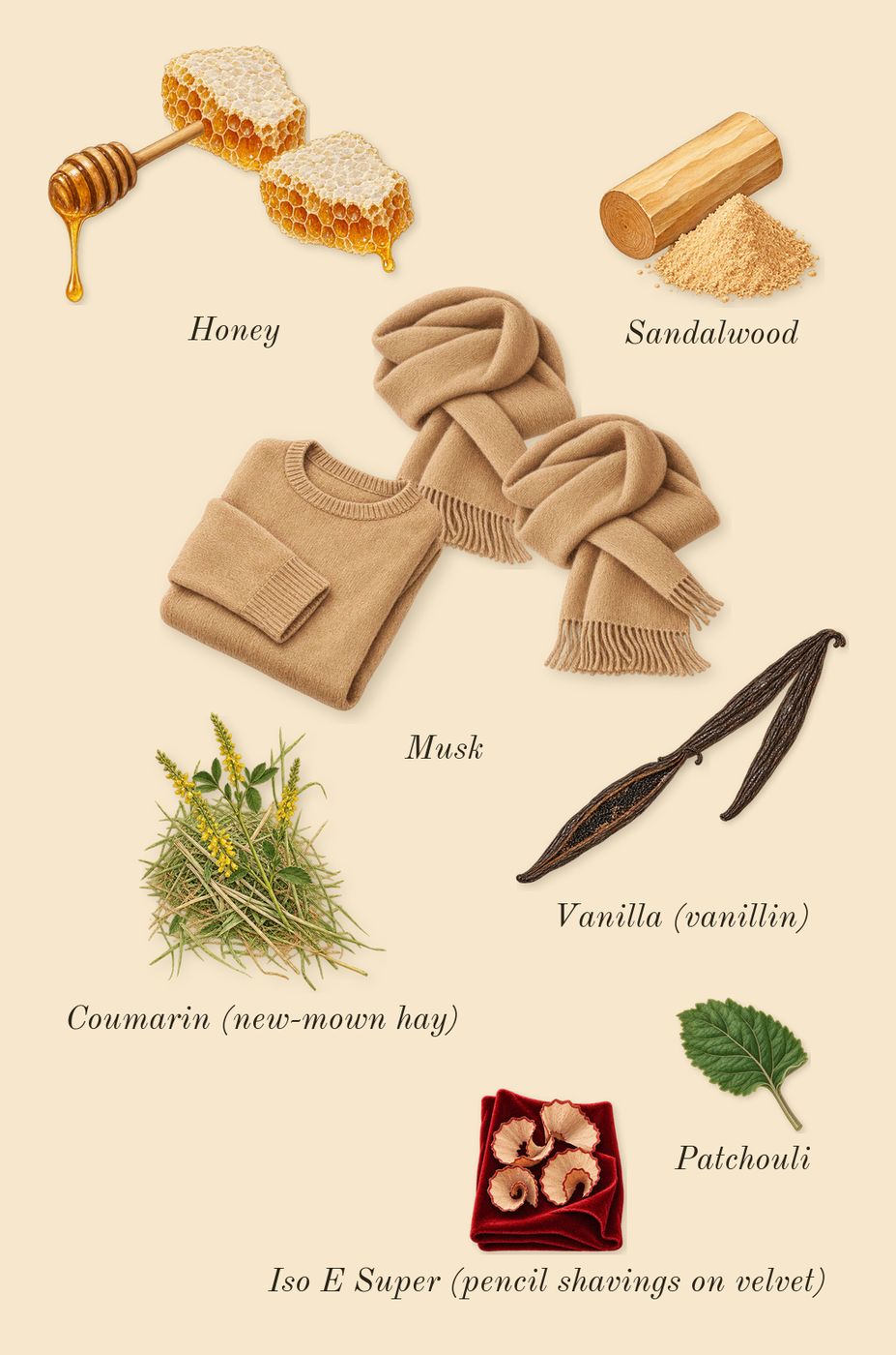 Addictive Vibration, dry-down: Honey, Vanilla (vanillin), Musk, Patchouli, Sandalwood, Iso E Super (pencil shavings on velvet), Coumarin (new-mown hay)