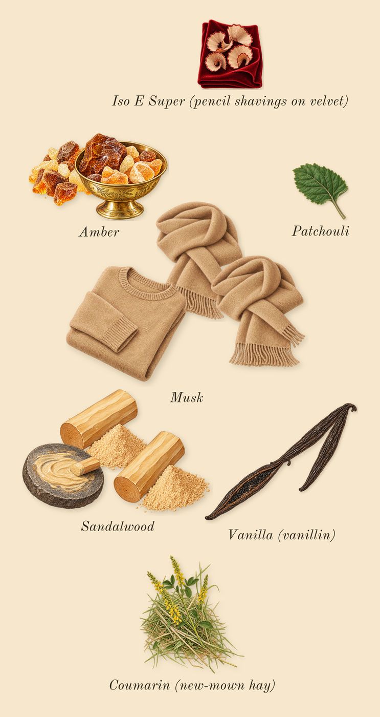 Blessed Baraka, dry-down: Amber, Sandalwood, Vanilla (vanillin), Musk, Patchouli, Iso E Super (pencil shavings on velvet), Coumarin (new-mown hay)