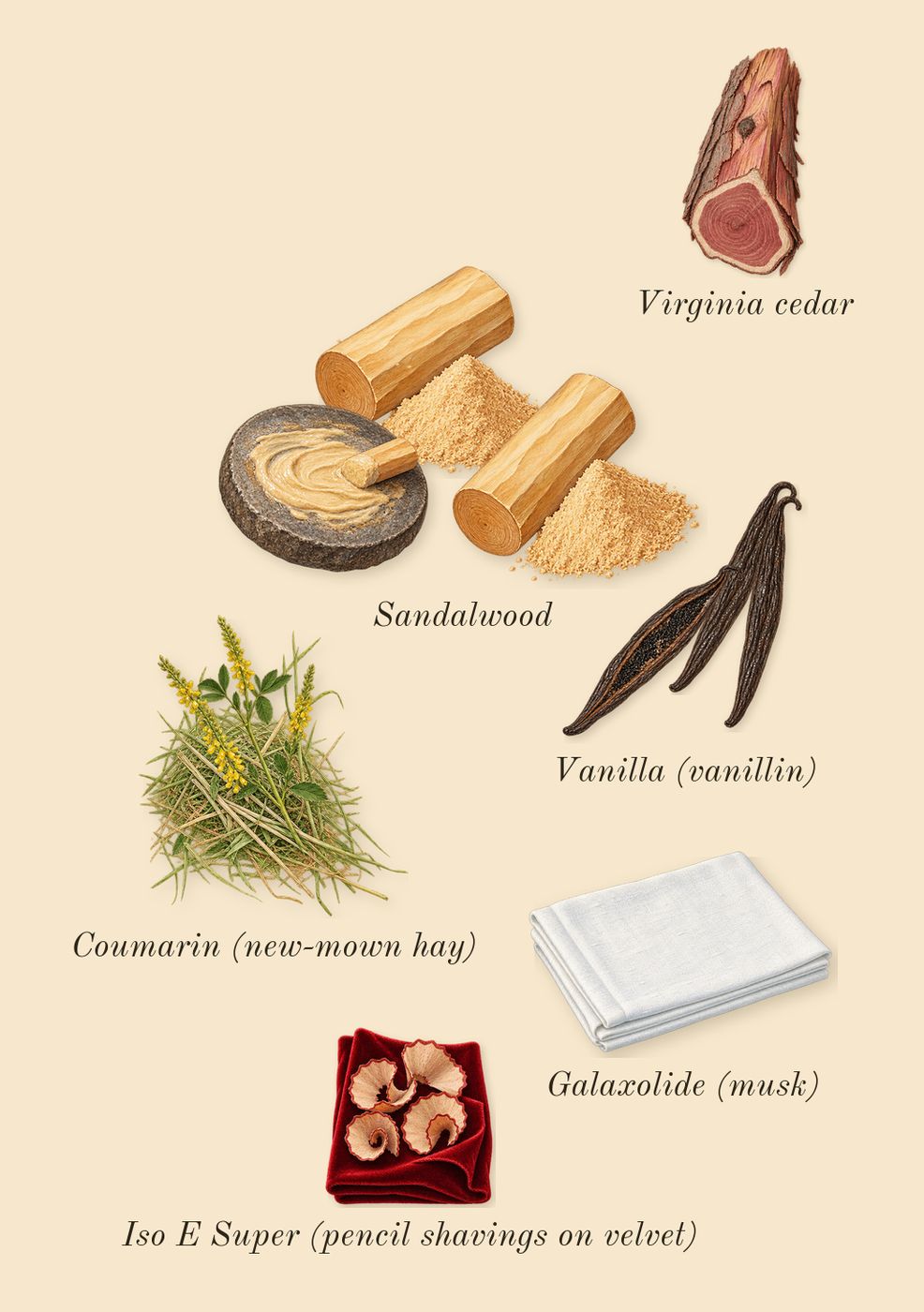 High Frequency, dry-down: Vanilla (vanillin), Sandalwood, Virginia cedar, Iso E Super (pencil shavings on velvet), Galaxolide (musk), Coumarin (new-mown hay)