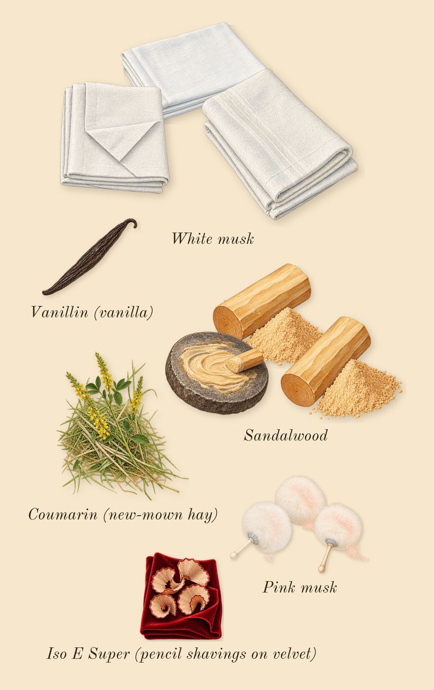 Musk Therapy, dry-down: Sandalwood, White musk, Pink musk, Iso E Super (pencil shavings on velvet), Vanillin (vanilla), Coumarin (new-mown hay)