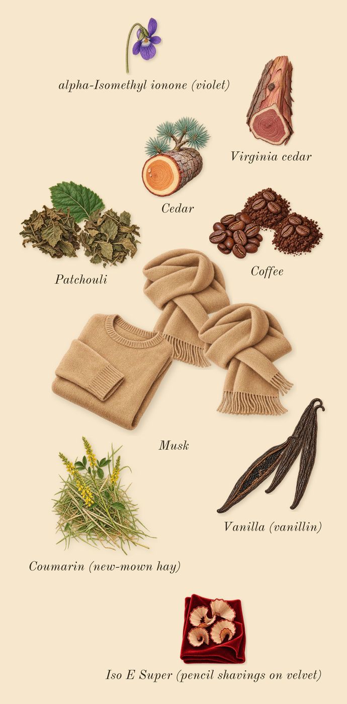 Mystic Experience, dry-down: Coffee, Musk, Vanilla (vanillin), Patchouli, Virginia cedar, Cedar, Iso E Super (pencil shavings on velvet), Coumarin (new-mown hay), alpha-Isomethyl ionone (violet)