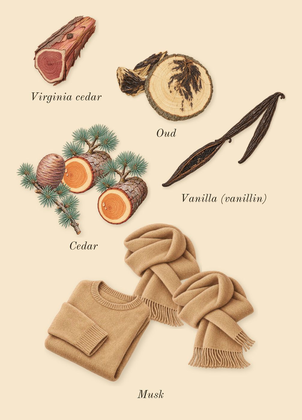 Oud for Happiness, dry-down: Vanilla (vanillin), Cedar, Oud, Musk, Virginia cedar