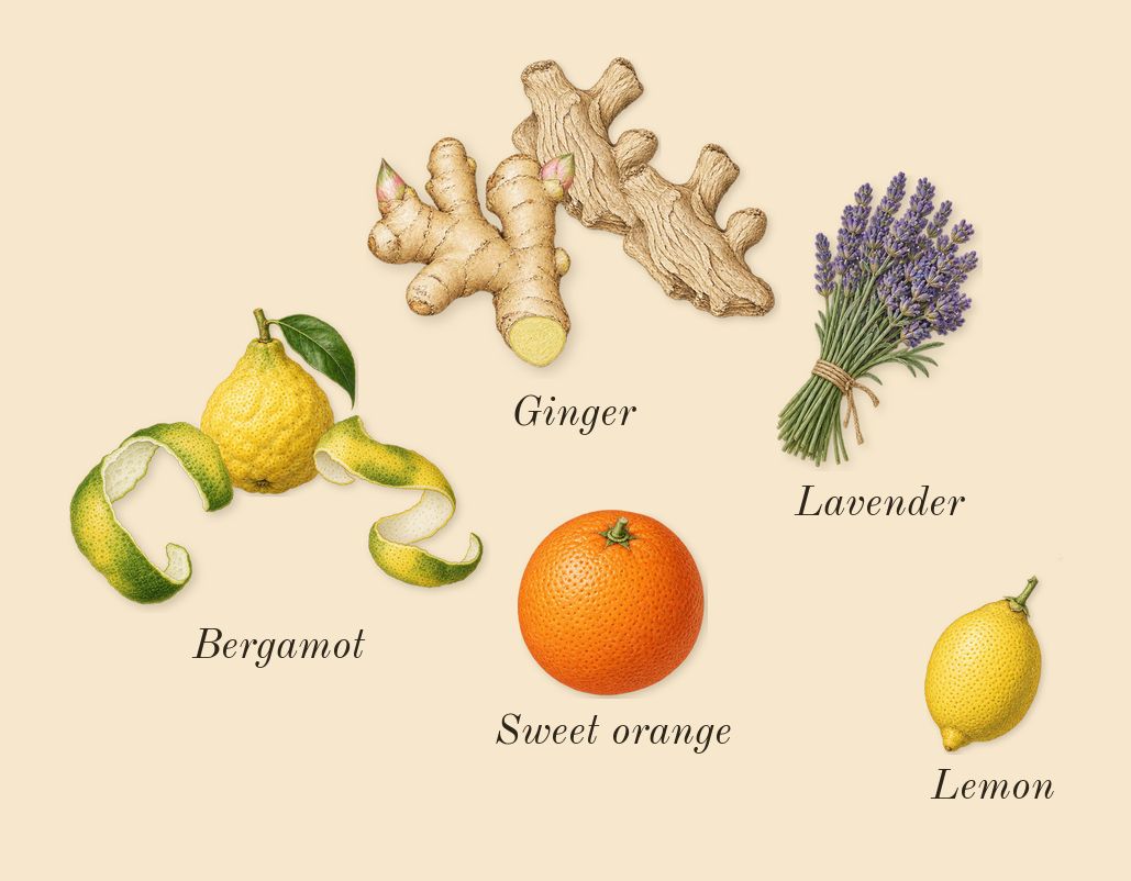 Oud for Happiness, top notes: Bergamot, Ginger, Lemon, Sweet orange, Lavender