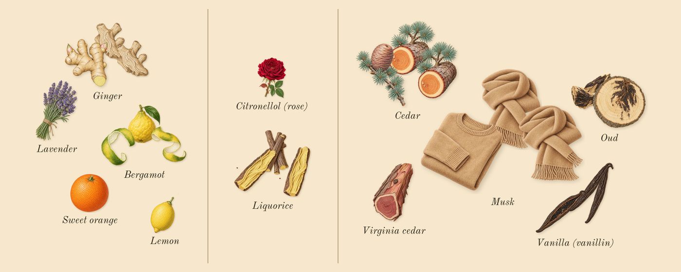 Oud for Happiness’s scent picture, a draft: bergamot, ginger, liquorice, vanilla (vanillin), cedar, oud drawn so far; dashed outlines where nothing is drawn yet