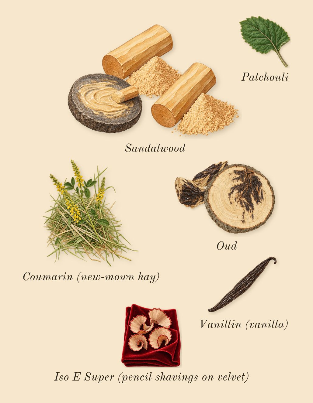 Paragon, dry-down: Sandalwood, Oud, Patchouli, Vanillin (vanilla), Iso E Super (pencil shavings on velvet), Coumarin (new-mown hay)