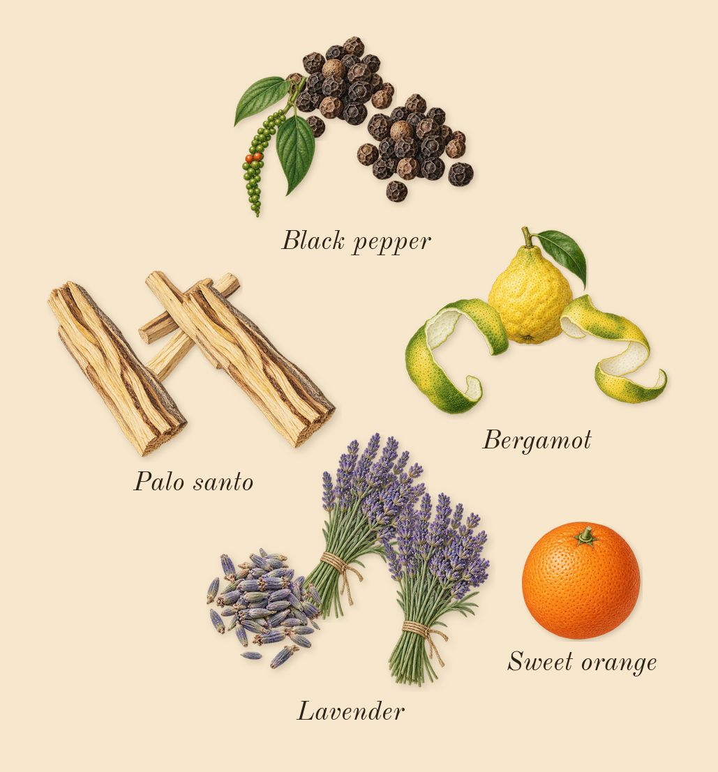Paragon, top notes: Bergamot, Lavender, Palo santo, Black pepper, Sweet orange