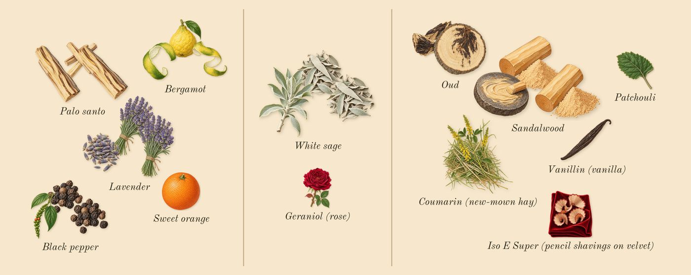 Paragon’s scent picture, a draft: bergamot, white sage, lavender, palo santo, black pepper, sandalwood drawn so far; dashed outlines where nothing is drawn yet