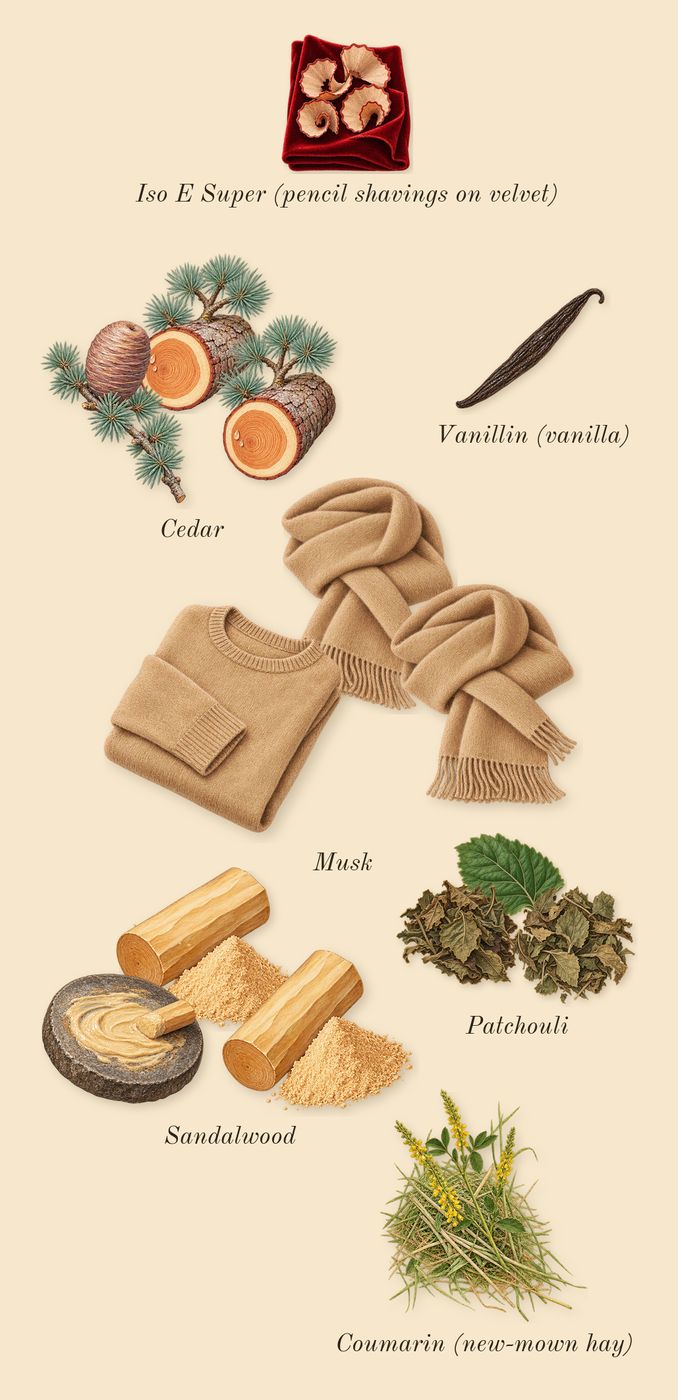Rehab, dry-down: Cedar, Patchouli, Sandalwood, Musk, Iso E Super (pencil shavings on velvet), Vanillin (vanilla), Coumarin (new-mown hay)