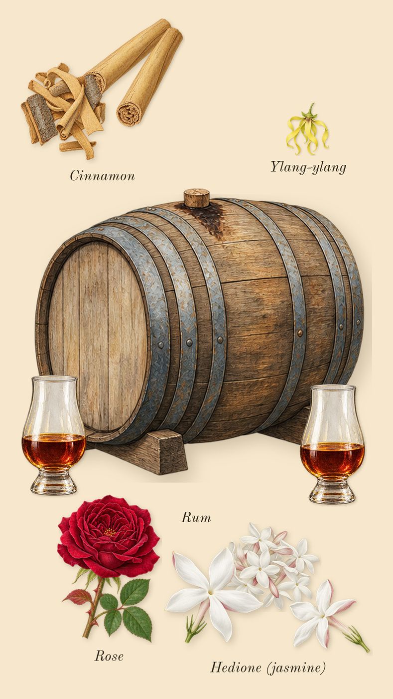 Side Effect, heart: Cinnamon, Rum, Hedione (jasmine), Ylang-ylang, Rose