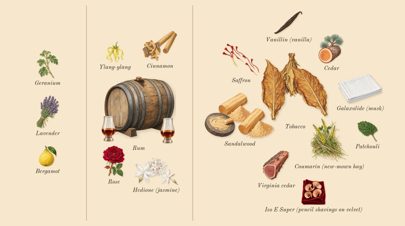 Side Effect’s scent picture, a draft: cinnamon, rum, tobacco, saffron, sandalwood, hedione (jasmine) drawn so far; dashed outlines where nothing is drawn yet