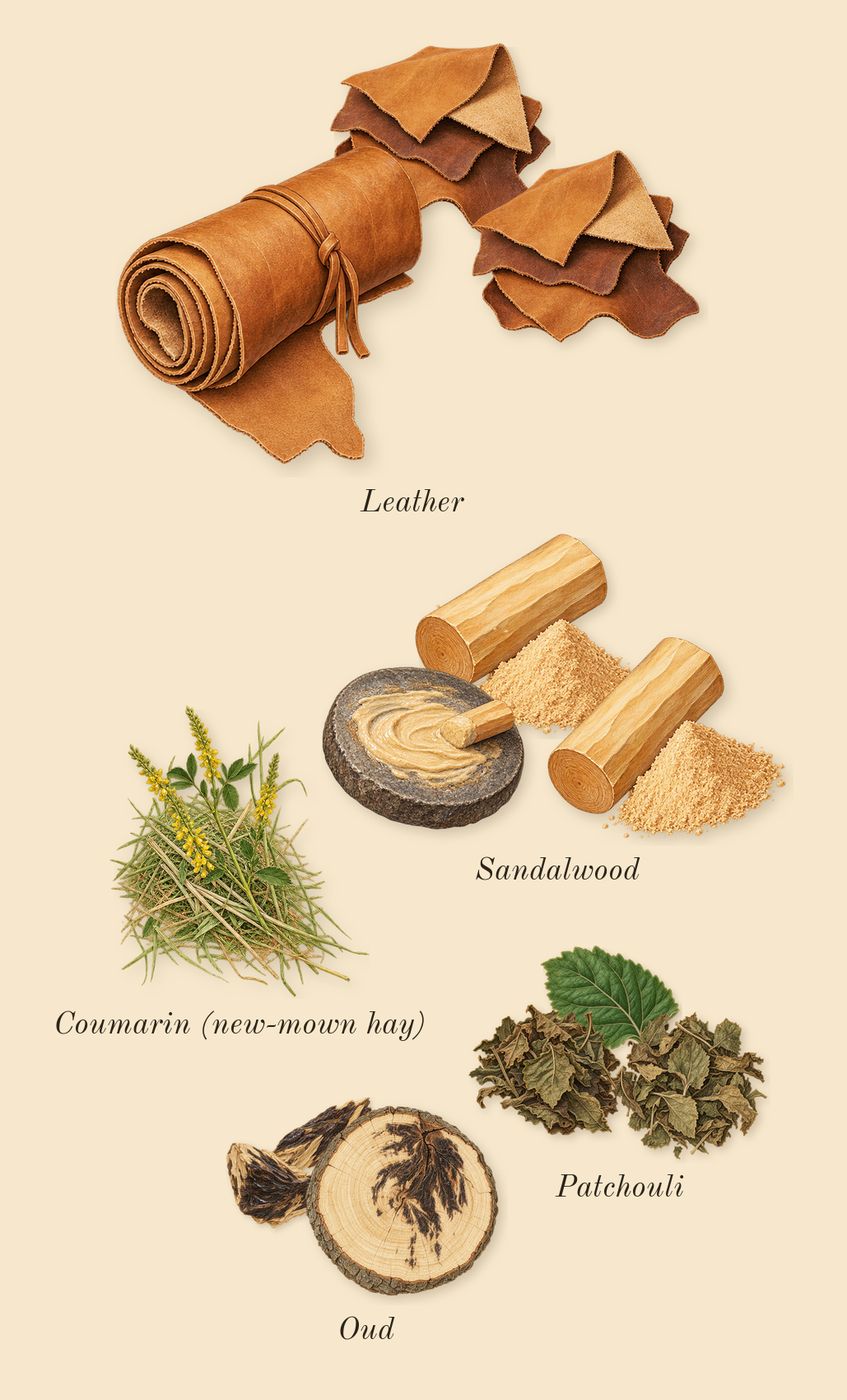 Interlude 53 Man, dry-down: Leather, Oud, Patchouli, Sandalwood, Coumarin (new-mown hay)