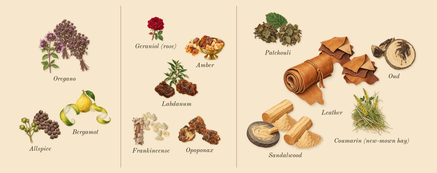Interlude 53 Man’s scent picture, a draft: bergamot, oregano, allspice, amber, frankincense, labdanum drawn so far; dashed outlines where nothing is drawn yet
