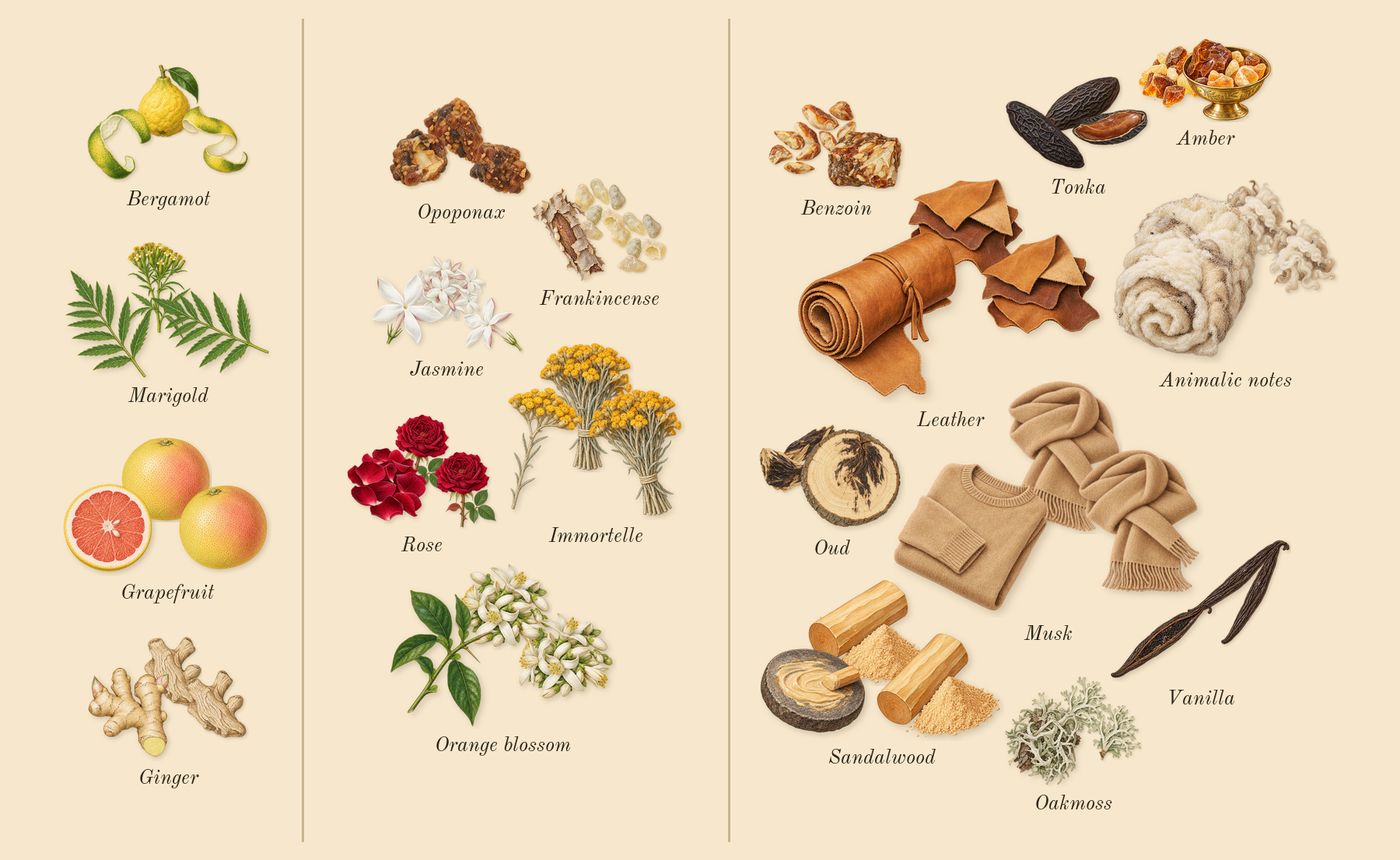 Interlude Woman’s scent picture, a draft: bergamot, grapefruit, ginger, marigold, frankincense, rose drawn so far; dashed outlines where nothing is drawn yet