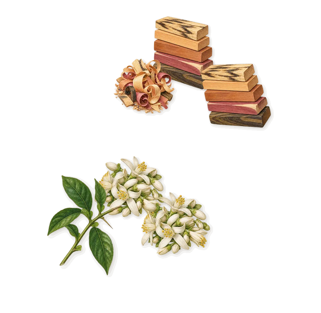Classic Gold, as it settles: Orange blossom, Teak wood