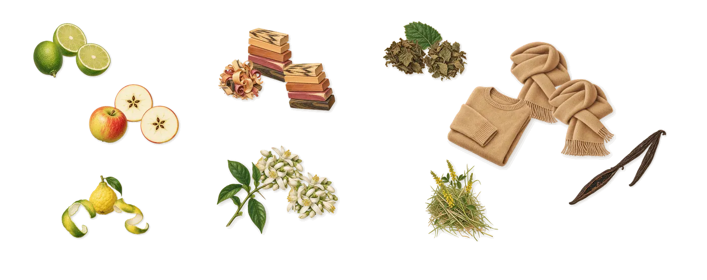 Classic Gold’s scent picture, a draft: apple, lime, bergamot, orange blossom, teak wood, patchouli drawn so far; dashed outlines where nothing is drawn yet