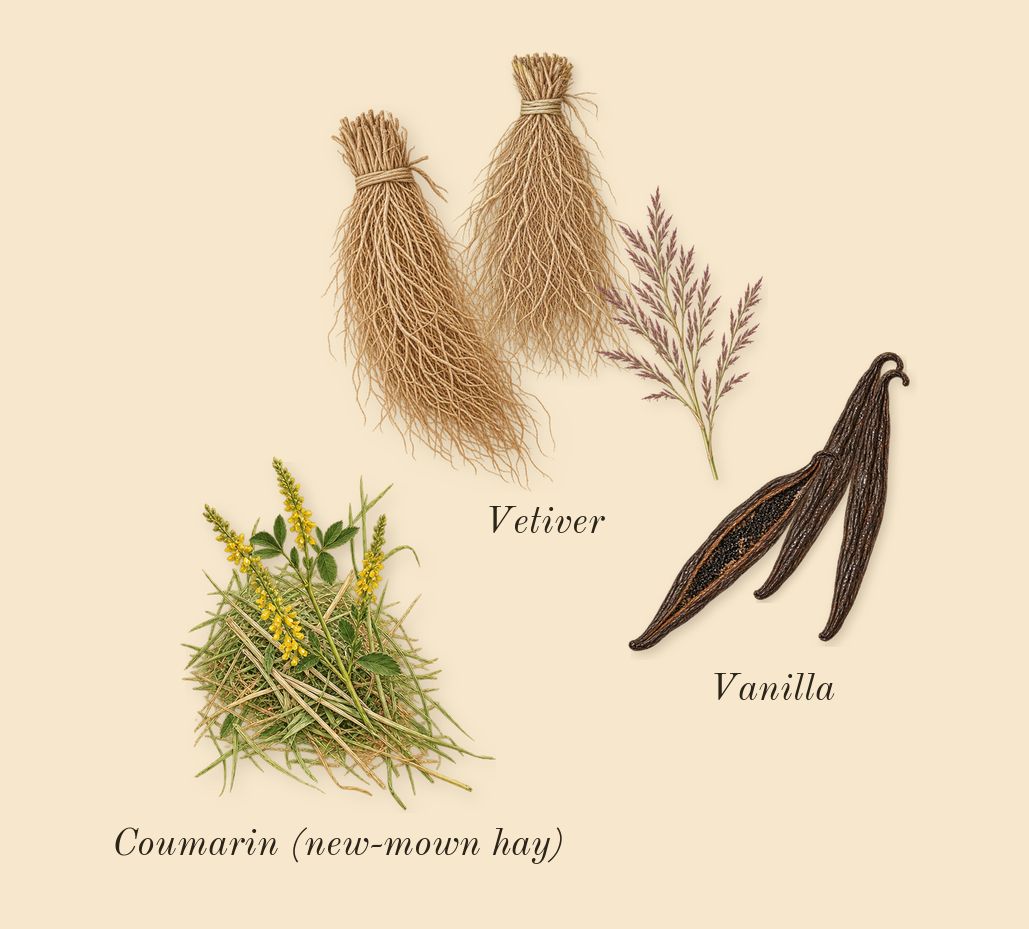 La Belle, dry-down: Vanilla, Vetiver, Coumarin (new-mown hay)