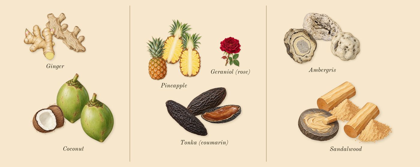 Le Beau Le Parfum’s scent picture, a draft: coconut, tonka (coumarin), sandalwood, ginger, ambergris, pineapple drawn so far; dashed outlines where nothing is drawn yet