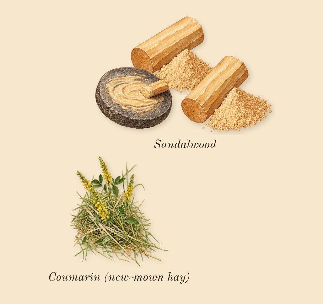 Le Beau Paradise Garden, dry-down: Sandalwood, Coumarin (new-mown hay)