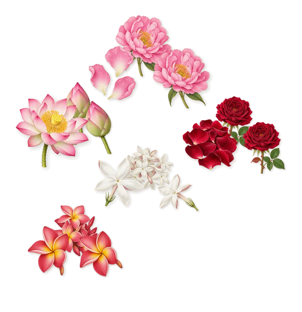 Fancy Love, as it settles: Frangipani, Jasmine, Peony, Lotus, Rose