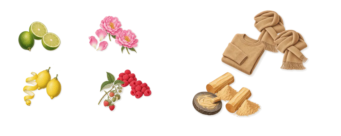 Vintage Bloom’s scent picture, a draft: lemon, lime, peony, raspberry, musk, sandalwood drawn so far; dashed outlines where nothing is drawn yet
