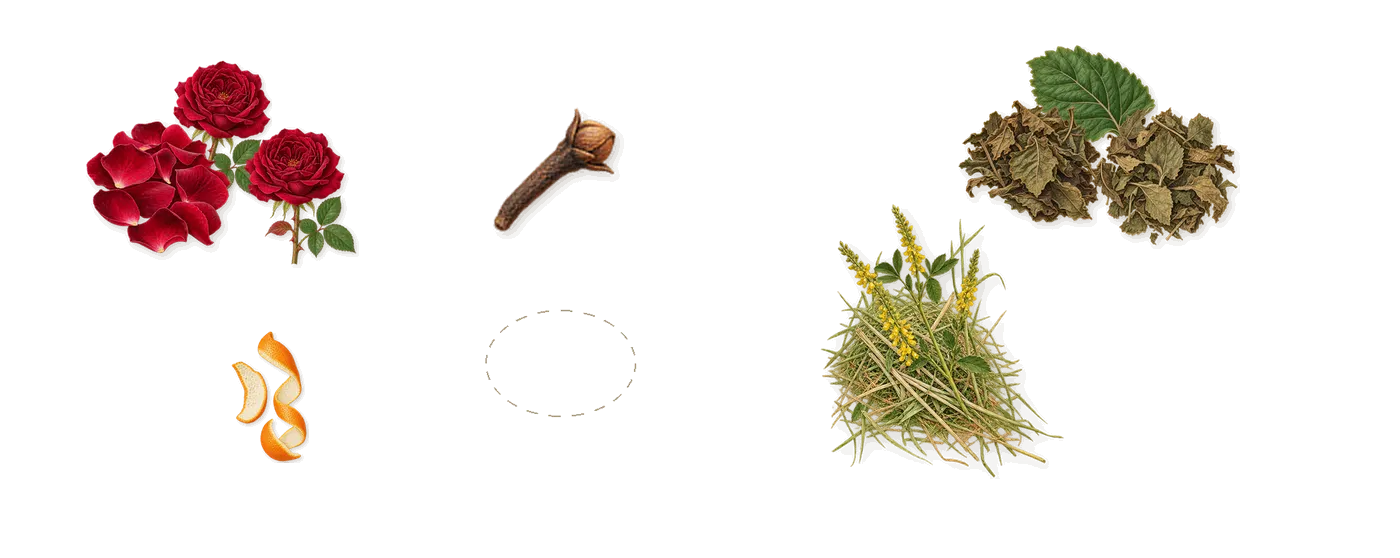 Sunset’s scent picture, a draft: rose, patchouli, coumarin (new-mown hay), limonene (orange peel), isoeugenol (clove) drawn so far; dashed outlines where nothing is drawn yet