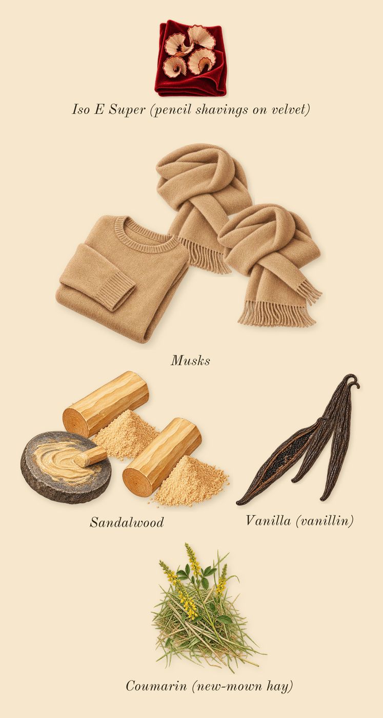 I Want Choo With Love, dry-down: Vanilla (vanillin), Sandalwood, Musks, Iso E Super (pencil shavings on velvet), Coumarin (new-mown hay)