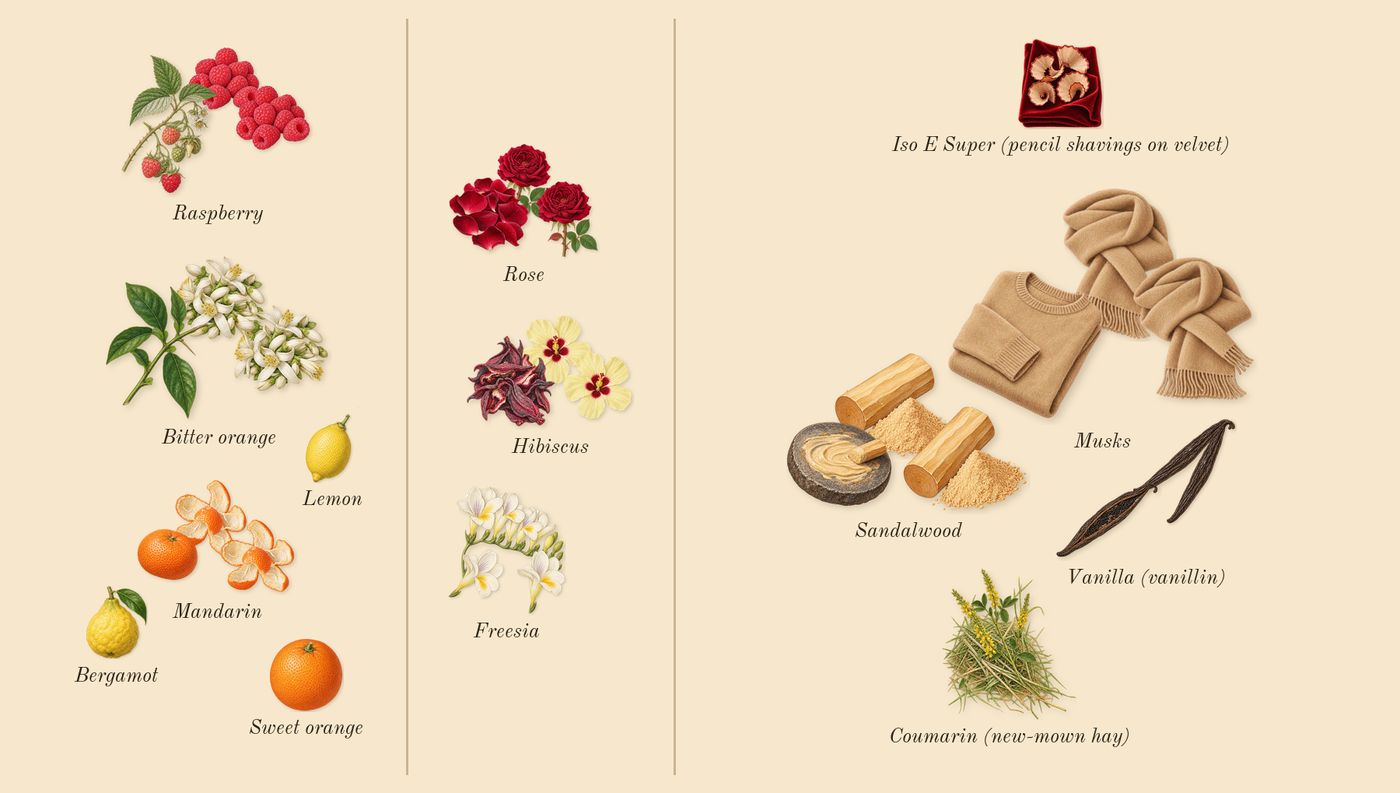 I Want Choo With Love’s scent picture, a draft: raspberry, bitter orange, mandarin, rose, hibiscus, freesia drawn so far; dashed outlines where nothing is drawn yet