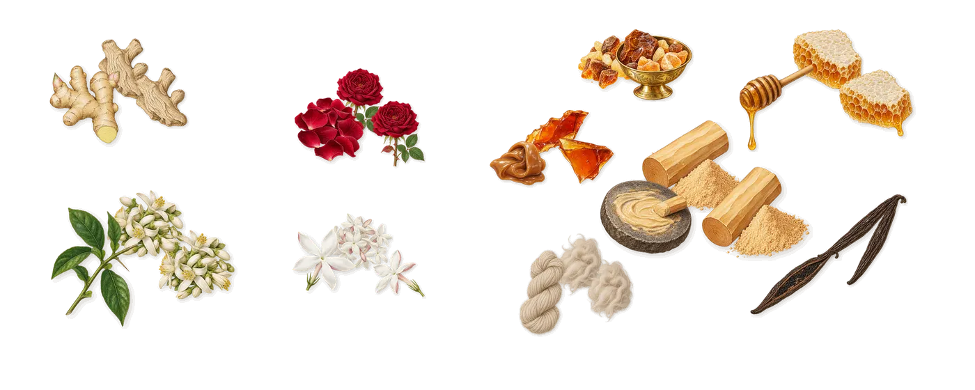 Illicit’s scent picture, a draft: ginger, bitter orange, jasmine, rose, honey, amber drawn so far; dashed outlines where nothing is drawn yet