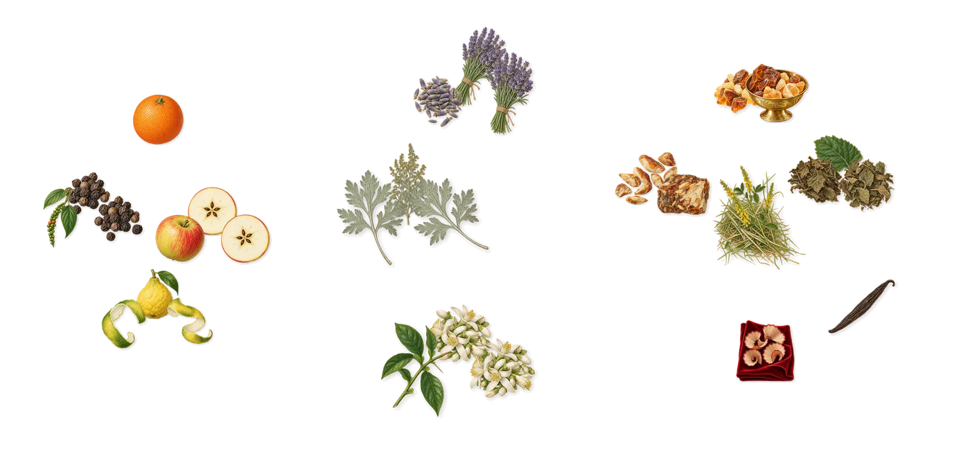 Man’s scent picture, a draft: bergamot, apple, black pepper, lavender, orange blossom, artemisia drawn so far; dashed outlines where nothing is drawn yet