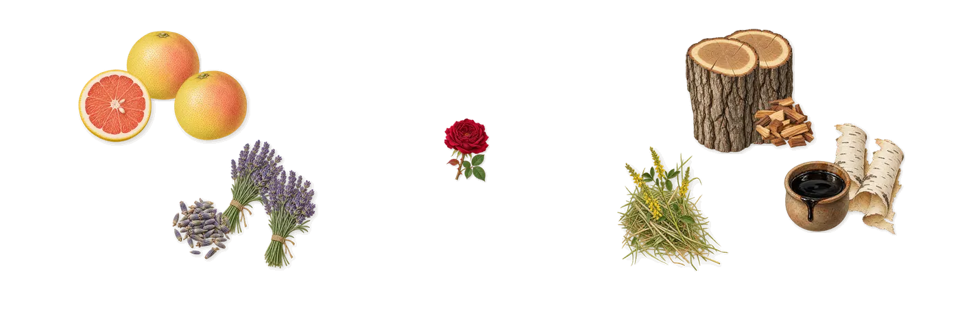 Silver Birch & Lavender Cologne’s scent picture, a draft: birch, lavender, grapefruit, oak, coumarin (new-mown hay), geraniol (rose) drawn so far; dashed outlines where nothing is drawn yet