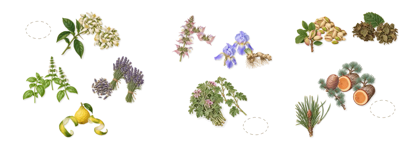 Artisan Blu’s scent picture, a draft: bergamot, basil, lavender, bitter orange, geranium, clary sage drawn so far; dashed outlines where nothing is drawn yet