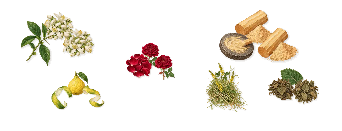 Femme’s scent picture, a draft: bergamot, neroli, rose, sandalwood, patchouli, coumarin (new-mown hay) drawn so far; dashed outlines where nothing is drawn yet