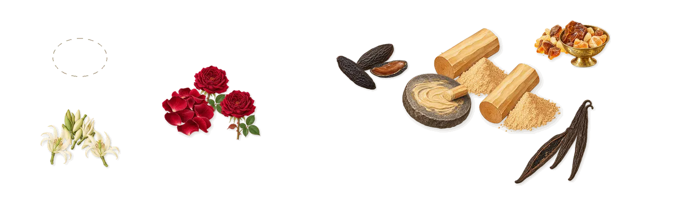 Le Bain’s scent picture, a draft: magnolia, rose, amber, sandalwood, vanilla, tonka drawn so far; dashed outlines where nothing is drawn yet