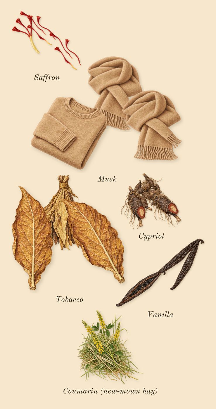 Journey Woman, dry-down: Tobacco, Saffron, Vanilla, Cypriol, Musk, Coumarin (new-mown hay)