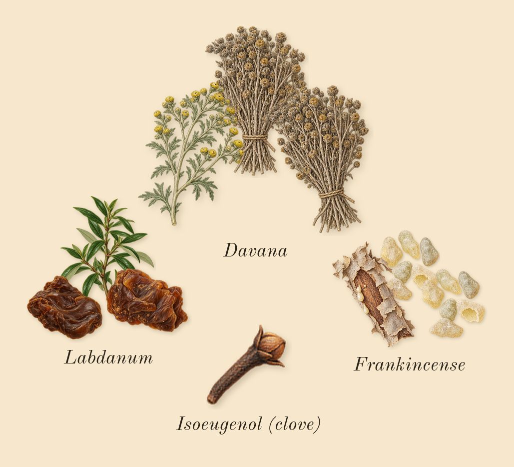 Jubilation 25 Woman, heart: Davana, Labdanum, Frankincense, Isoeugenol (clove)