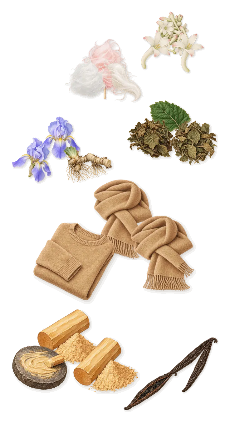 Mmmm..., what stays: Patchouli, Iris, Sandalwood, Icing sugar, Vanilla (vanillin), Tuberose, Musk