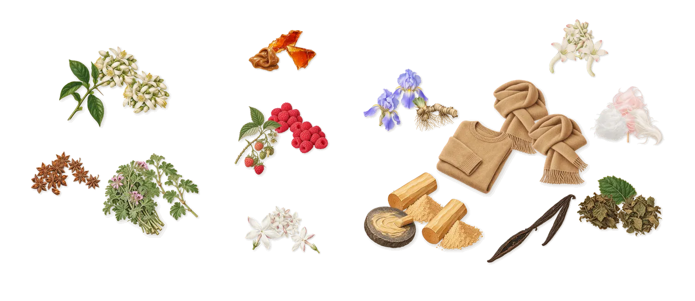 Mmmm...’s scent picture, a draft: bitter orange, patchouli, jasmine, iris, caramel, raspberry drawn so far; dashed outlines where nothing is drawn yet