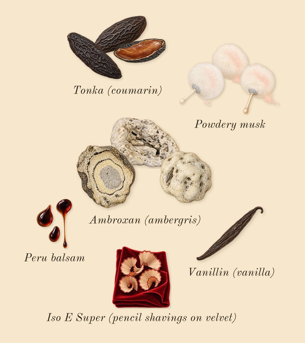 Powder Love, dry-down: Tonka (coumarin), Ambroxan (ambergris), Powdery musk, Peru balsam, Vanillin (vanilla), Iso E Super (pencil shavings on velvet)