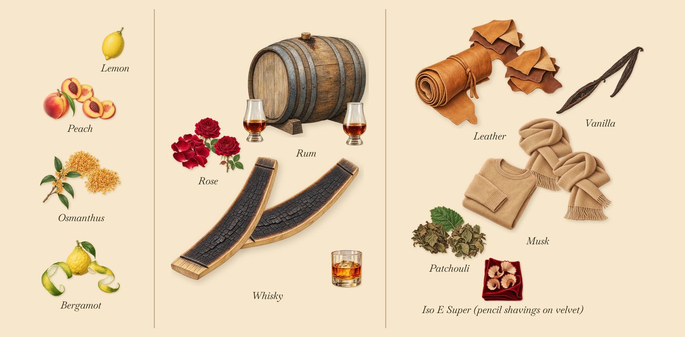 Siren & Sailors’s scent picture, a draft: bergamot, peach, osmanthus, rose, rum, whisky drawn so far; dashed outlines where nothing is drawn yet