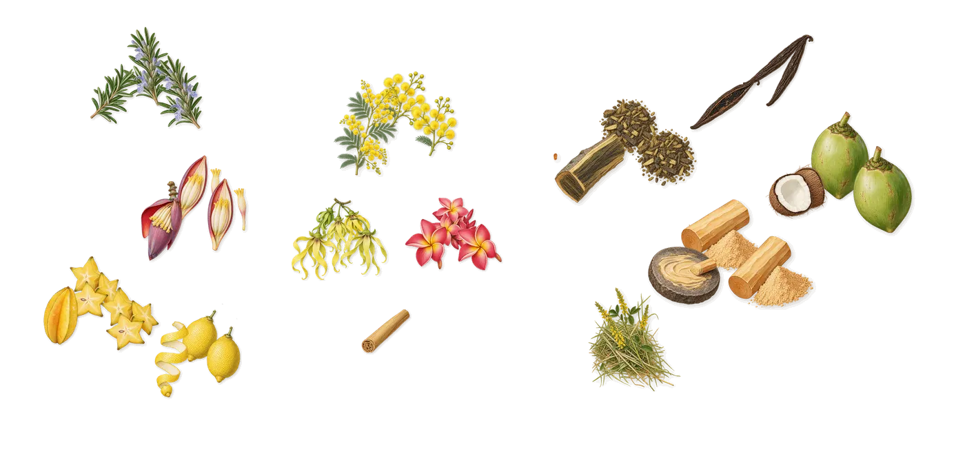 Maldives in a Bottle Ylang Coco 20’s scent picture, a draft: lemon, carambola, banana blossom, rosemary, ylang-ylang, mimosa drawn so far; dashed outlines where nothing is drawn yet