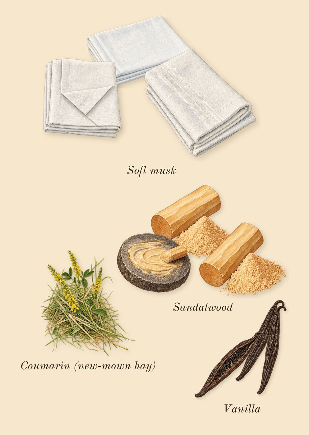 Musk 12, dry-down: Vanilla, Sandalwood, Soft musk, Coumarin (new-mown hay)