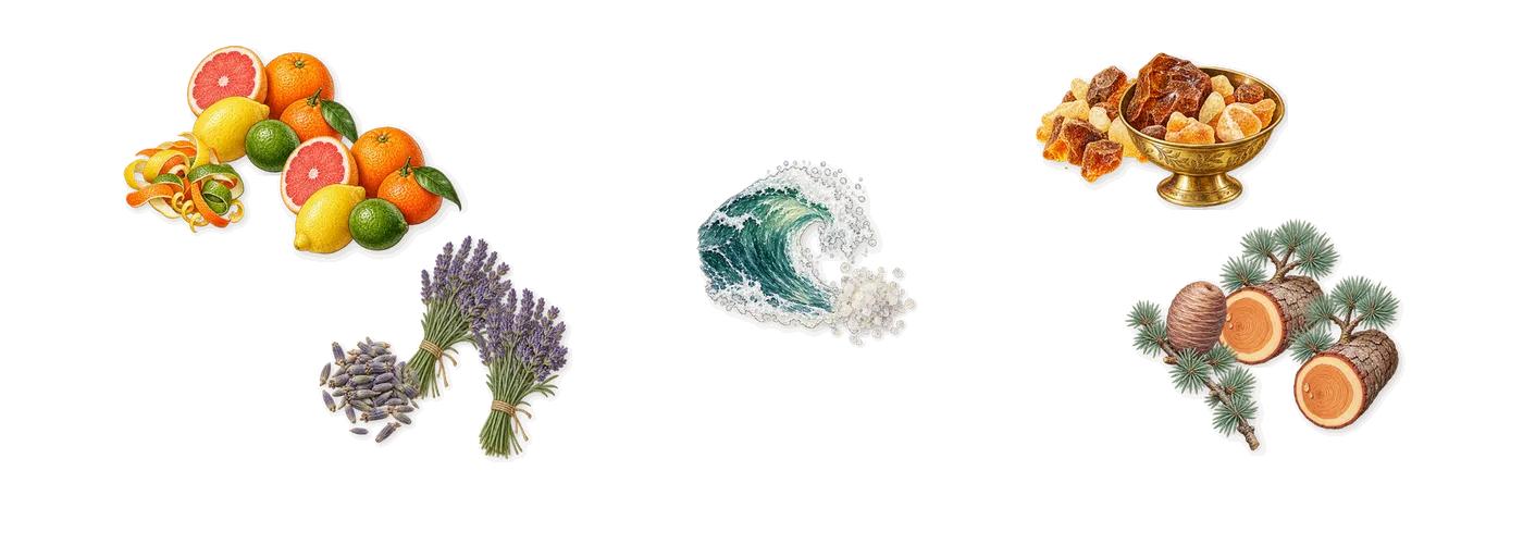 Blue’s scent picture, a draft: citrus notes, marine notes, cedar, amber, lavender drawn so far; dashed outlines where nothing is drawn yet