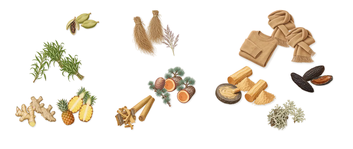 Mankind’s scent picture, a draft: pineapple, cardamom, ginger, tarragon, cedar, vetiver drawn so far; dashed outlines where nothing is drawn yet