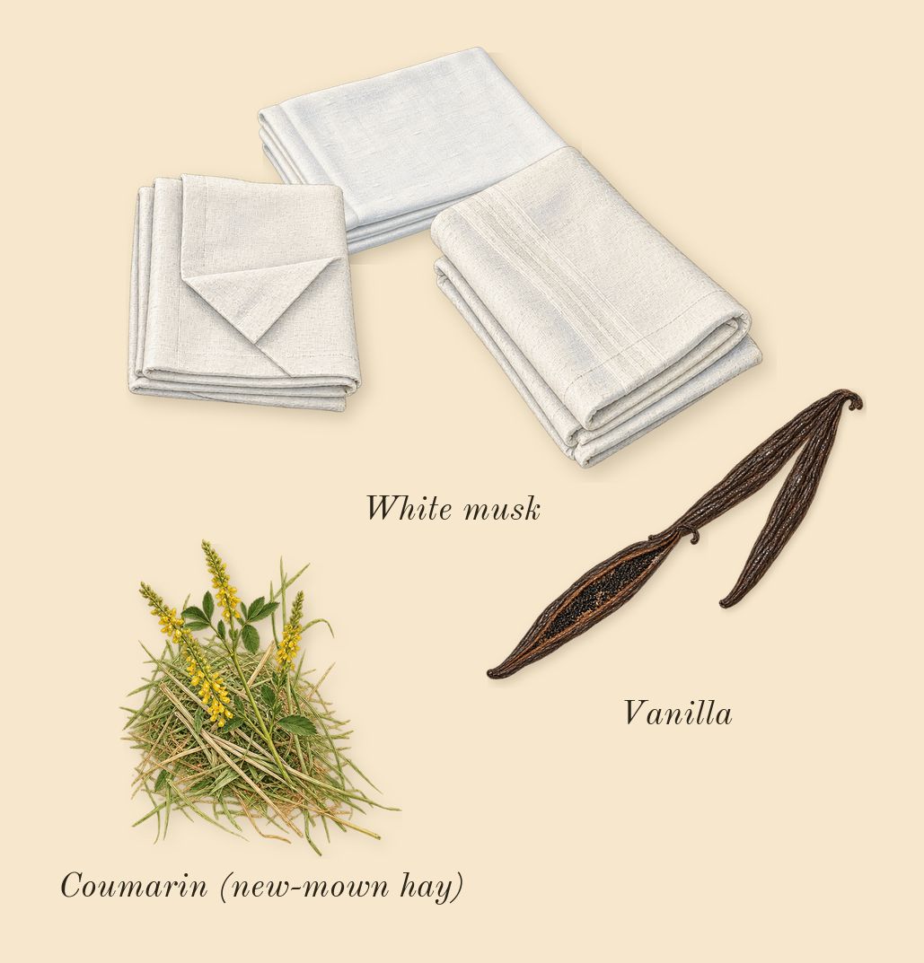 Flower by Kenzo, dry-down: Vanilla, White musk, Coumarin (new-mown hay)